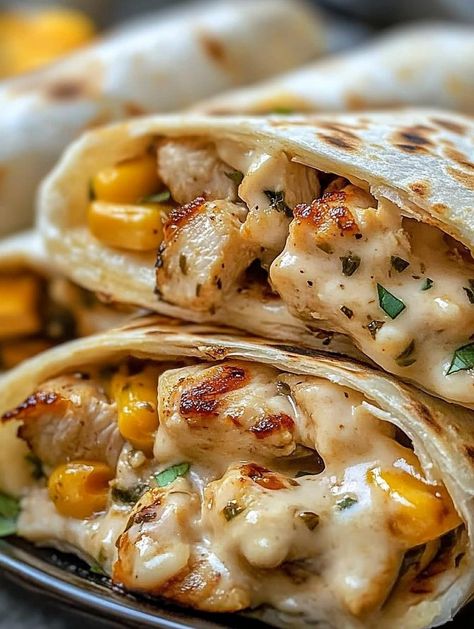 via @thenandnowspace Chicken Cheese Wrap, Creamy Garlic Chicken Wraps, Cheesy Garlic Chicken Wraps Recipe, Freezable Wraps, Cheesy Garlic Chicken Wraps, Cheesy Garlic Chicken, Chicken Tortilla Wraps, Garlic Sauce For Chicken, Low Carb Wraps