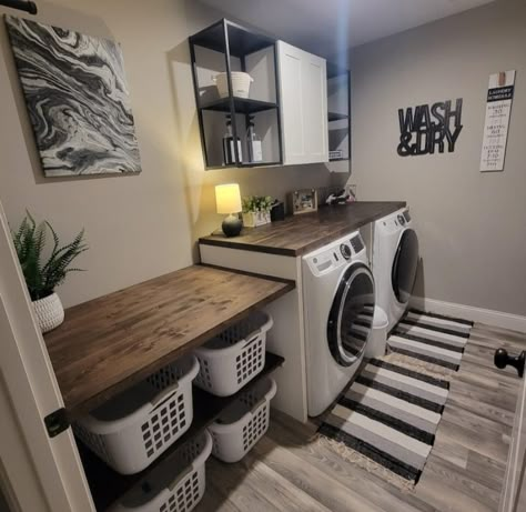 Laundry Room Design With Shiplap, Walk In Pantry And Laundry Room, Laundry Room Ideas Basement Unfinished, Laundry Room Work Station, Laundry Room Ideas In Basement, Front Load Laundry Room Ideas, Laundry Room With Closet, Small Laundry Room Ideas Top Loaders, Bathroom With Laundry Room Combo