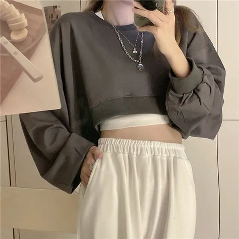 Women Sexy Solid Cropped Sweatshirts Oversize Loose Pullovers Preppy Tops, Y2k Tops, Crop Top Casual, Mode Inspo, Chic Casual, Streetwear Women, Long Hoodie, Look Cool, Women Pullover