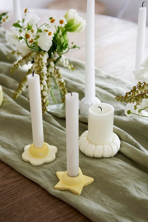 How to make air-dry clay candle holders | Better Homes and Gardens Birthday Candle Holders Diy, Tea Light Holder Ideas, Festival Marketplace, Clay Tea Light Holder, Air Dry Clay Candle Holder, Diy Taper Candle Holders, Polymer Clay Candle Holder, Clay Candle Holders Diy, Diy Taper Candles