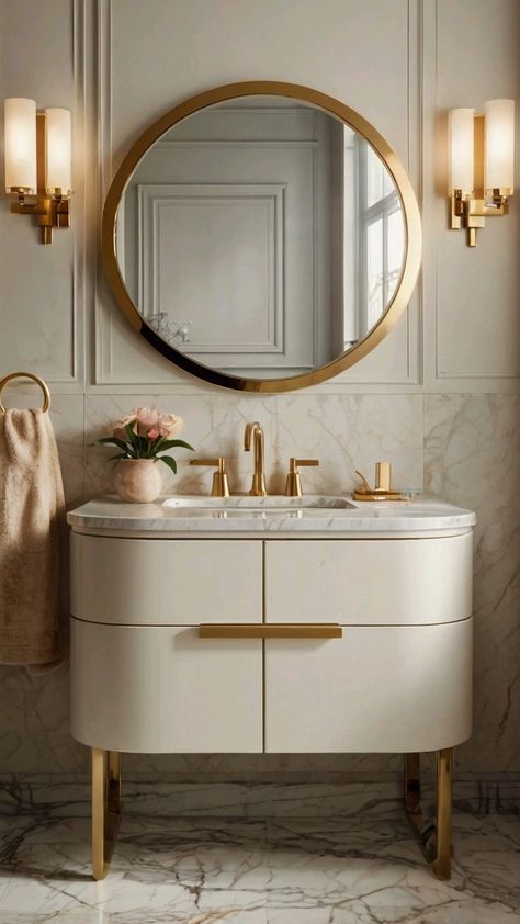 Add a touch of luxury to your small bathroom with gold accents. Pair them with neutral tones for a chic and elegant look. #GoldBathroom #GlamDecor #SmallBathroomDesign Small Bathroom With Gold Accents, Bathroom Design With Gold Fixtures, Glam Bathroom Decor Luxury, Bathroom With Gold Accents, Small Full Bathroom Ideas, Full Bathroom Ideas, Glam Bathroom Decor, Small Full Bathroom, Glam Bathroom