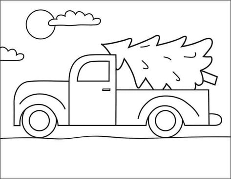 Christmas Truck Drawing Easy, Truck With Christmas Tree Drawing, Truck Drawings Easy, Drawing Christmas Easy, Christmas Truck Drawing, Drawing Ideas Christmas Easy, Easy Christmas Embroidery Patterns, Christmas Car Drawing, How To Draw A Truck