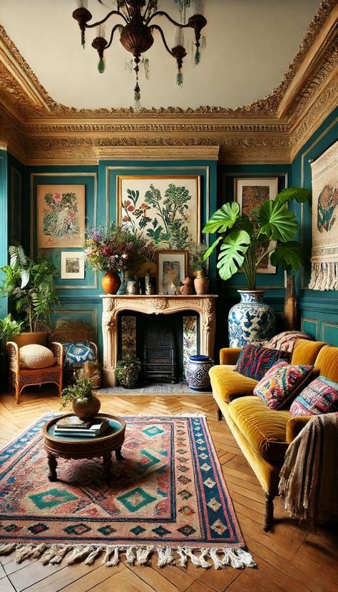 Yellow Velvet Sofas, Eclectic French Provincial, Classic Bohemian Decor, Boho Mustard Living Room, Maximalist Living Room With Fireplace, Maximalist Decor Basement, Mustard Yellow And Teal Living Room, Maximalist Decor Fireplace, Colourful Vintage Living Room