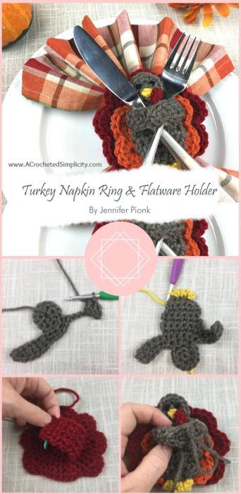 Crochet Silverware Holder, Crochet Napkin Rings, Turkey Napkin Rings, Thanksgiving Crochet Patterns, Thanksgiving Napkin Rings, Thanksgiving Crochet, Napkin Holder Rings, Flatware Holder, Napkin Rings Diy