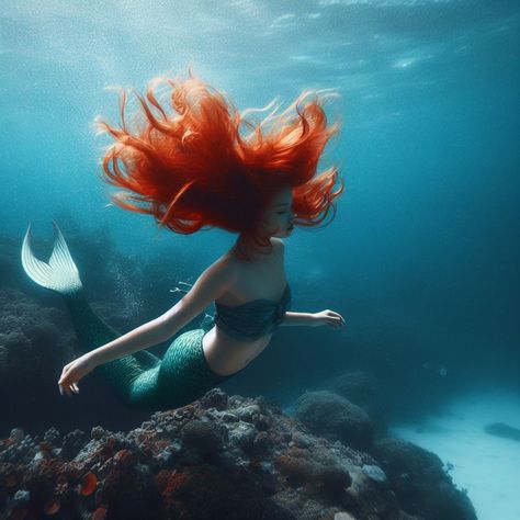 Ginger Mermaid Aesthetic, Red Mermaid Aesthetic, Mermaid Diving, Siren Energy, Charlotte Core, Orange Mermaid, Barbie Mermaid, The Bottom Of The Ocean, Mermaid Artwork