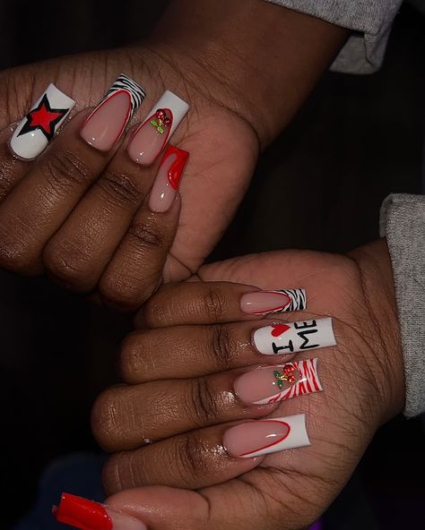 Let me cook💋 #rednails #zebranails #sweaternails #jacksonmsnailtech #winternails #freestylenails #shortnails #fallnails #3Dnails #squarenails #atlantanailtech #frenchnails #frenchtipnails #atlnailtech #explorepage #zebraprintnails #whitenails Striped French Tip Nails, Red Zebra Nails, Nails Red And White, Red Toenails, Zebra Print Nails, Zebra Nails, Duck Nails, Sweater Nails, Nails Red