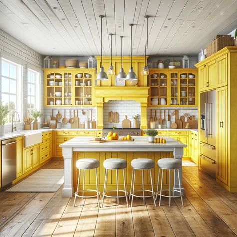 yellow farmhouse kitchen cabinets Yellow Farmhouse Kitchen, Best Cabinet Colors, Yellow And White Kitchen, Yellow Kitchen Inspiration, Yellow Country Kitchens, Vintage Yellow Kitchen, Purple Cabinets, Yellow Farmhouse, Red Cabinets