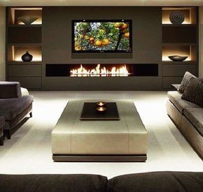 If you have a fireplace, real or imitation in your home, it is logical that it is on the central wall. Put your new ”pet” on this wall. Together they can be a great combination. Tv Above Fireplace, Ruang Tv, Wall Mounted Fireplace, Fireplace Tv Wall, Cozy Family Rooms, Home Theater Rooms, Trendy Living Rooms, Modern Mansion, Home Cinema