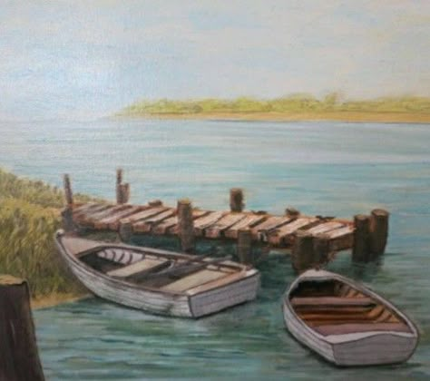 Mural Art Ideas, Dock Art, Painting Boats, Forest Cartoon, Boat Beach, Prismacolor Art, River Painting, Anniversary Art, Lake Painting