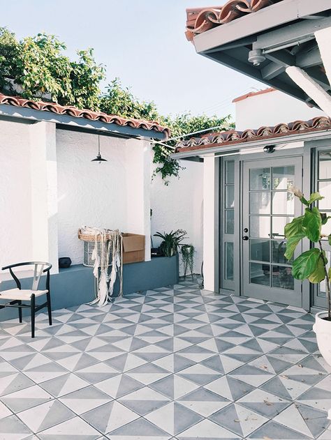 Sarah Sherman Samuel:project staycation patio | Sarah Sherman Samuel Terasse Ideas, Balcony Tiles, Painting Tile Floors, Patio Tiles, Painted Floor, Patio Flooring, Front Patio, Patio Interior, Patio Makeover