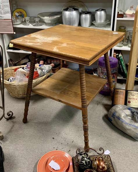 How We Refinished Our Vintage Oak Table | Laine and Layne Refurbished End Tables, Refinished End Tables, Alabama Decor, End Table Makeover, Parlor Table, Oak End Tables, Antique Side Table, Oak Side Table, Furniture Update