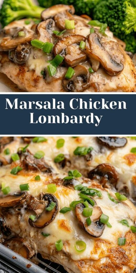 Master Chicken Lombardy with a perfect Marsala wine sauce. This dish combines tender chicken, melted cheese, and sautéed mushrooms for a rich flavor. Recipes With Mozzarella Cheese, Chicken Lombardy Recipes, Black Stone Recipes, Chicken Marsala Recipe, Chicken Lombardy, Ms Recipes, Chicken Boneless Breast Recipes, Food Flavors, Pasta Varieties