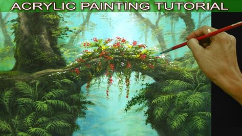 Acrylic Landscape Painting Tutorial Tropical Misty Forest with Hanging P... #Misty Rainforest Painting, Painting Journal, Landscape Painting Tutorial, Oil Painting Tutorial, Acrylic Landscape, Colorful Paintings Acrylic, Deer Silhouette, Acrylic Painting Lessons, Canvas Painting Tutorials