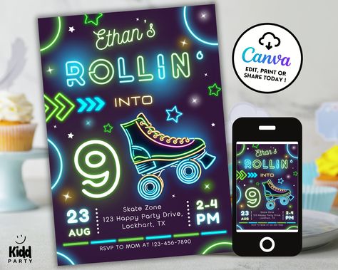 Editable Roller Skate Birthday Invitation - Roller Skating Boy Kid Teen Party Invite - Rollin Retro Neon Lights Blue Digital Download RS3 Skate Theme Birthday Party, Rollerskating Party, 13th Birthday Boys, Roller Skating Birthday Invitations, Roller Skate Birthday, Skate Birthday, Boy Birthday Decorations, Roller Disco, Retro Neon