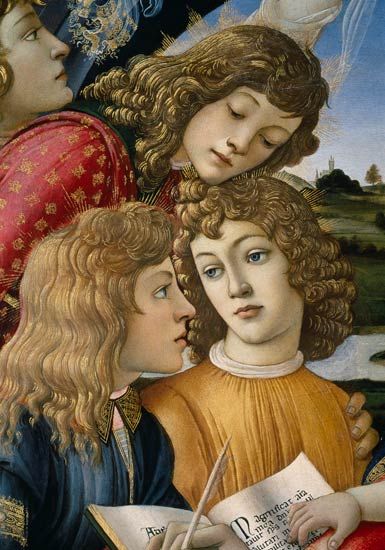 Sandro Botticelli - The Madonna of the Magnificat, detail of three boys ✿⊱╮ Botticelli Madonna, Sandro Botticelli Paintings, Botticelli Paintings, Giorgio Vasari, Istoria Artei, Jan Van Eyck, Sandro Botticelli, The Madonna, Three Boys