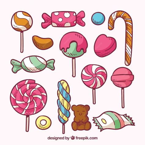 Premium Vector | Colorful candies collection in hand drawn style Candies Drawing, Cheese Drawing, Candy Illustration, Candy Drawing, Candy Poster, Candy Stickers, Candy Art, Food Patterns, Cute Candy