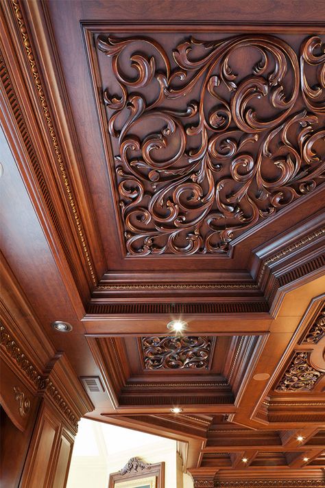 Carved Elegant woodwork USA brown ceiling luxury traditional NJ ny Coffered Ceiling Ideas, Classic House Interior Design, Wooden Ceiling Design, Office Ceiling, Traditional Kitchens, Wooden Ceiling, Victorian Interiors, Kitchens Luxury, Wooden Ceilings