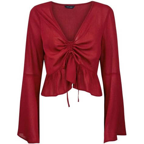 Burgundy Ruched Front Bell Sleeve Top (220 NOK) ❤ liked on Polyvore featuring tops, burgundy top, gathered top, red top, red bell sleeve top and flared sleeve top Red Bell Sleeve Top, Bell Sleeve Tops, Gathered Top, Top With Bell Sleeves, Burgundy Top, Ruched Top, Bell Sleeve Blouse, Red Top, Bell Sleeve