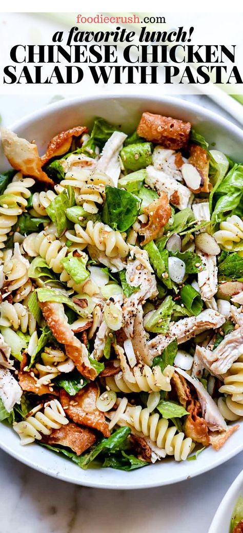 MY FAVORITE LUNCH! CHINESE CHICKEN SALAD WITH PASTA | foodiecrush.com This Chinese Chicken Salad takes the healthier high road than the heavier versions I always see at those popular food chains that everyone loves. It’s made with crunchy romaine, wontons, and an almond crunch, and is topped with protein-packed chicken breast, pasta noodles, and a flavor-flav sesame dressing. #chinese #chicken #salad #asian #dressingrecipe #recipe #dressing #healthy #easy #feastfromtheeast Chicken Salad With Pasta, Salad With Pasta, Protein Pasta Salad, Chicken Breast Pasta, Salad Asian, Chicken Breast Salad, Dressing Healthy, Flavor Flav, Chicken Caesar Pasta Salad