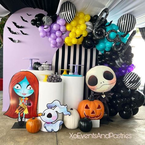 Sally Birthday Party Ideas, Jack Skellington Balloon Garland, Jack Skellington First Birthday, Jack The Skeleton Birthday Party Ideas, Jack Skellington Gender Reveal, Jack Skellington Party Decorations, Jack And Sally Birthday Party Ideas, Jack And Sally Party Ideas, Nightmare Before Christmas Decorations Halloween Party Ideas