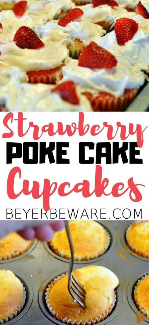 Just like a good poke cake, these strawberry poke cake cupcakes are an easy dessert recipe made with your favorite cake mix, jello, fluffy icing, and strawberries. Poke Cake Cupcakes, Jello Cupcakes, Poke Cupcakes, Fluffy Icing, Strawberry Poke Cake, Poke Cake Jello, Strawberry Poke Cakes, Poke Recipe, Jello Cake