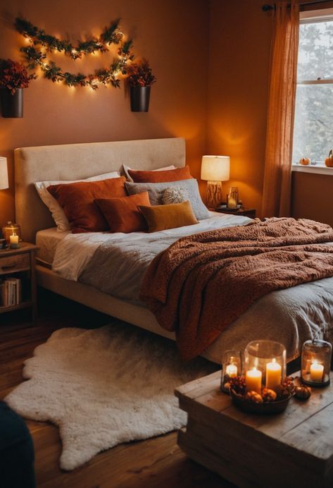 Fall is here, and it’s time to cozy up your bedroom to match the changing season!  As the leaves turn golden and the air gets … Pumpkin Spice Bedroom, Cosy Fall, Fall Themes, Fall Bedroom Decor, Bedroom Aesthetics, Cozy Fall Bedroom, Moody Bedroom, Boho Style Bedroom, Room Theme