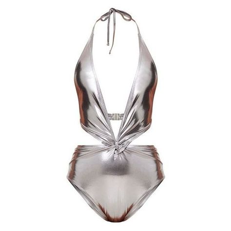 Ronnie Silver Metallic Knot Front Swimsuit ❤ liked on Polyvore featuring swimwear, one-piece swimsuits, summer beach wear, beach swimwear, swimming costume, 1 piece swimsuit and beach bathing suits One Piece Swimsuit With Skirt, Metallic Swimwear, Honeymoon Wear, Metallic Swimsuit, Summer Bathing Suits, Beach Bathing Suits, Bra Models, Swimwear Beach, 1 Piece Swimsuit