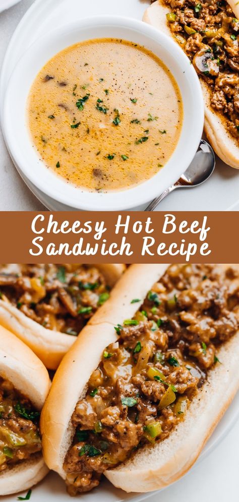 Cheesy Hot Beef Sandwich Recipe | Cheff Recipes Asian Beef Sandwich, Cheesy Hot Beef Sandwich, Beef And Cheese Sandwich, Chopped Beef Sandwich, Earls Recipes, Hot Sandwiches For Dinner, Easy Hot Sandwich Recipes, Ground Beef Sandwiches, Hot Beef Sandwich