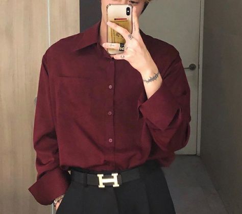 Maroon And Black Outfit Men, Red Semi Formal Outfit For Men, Guys Button Up Shirts Outfits, Red Fancy Outfit Men, Maroon Vest Outfit Men, Maroon Button Up Shirt Men Outfit, Aesthetic Red Outfits Men, Red Shirt And Black Pants Outfit, Black And Red Men Outfit