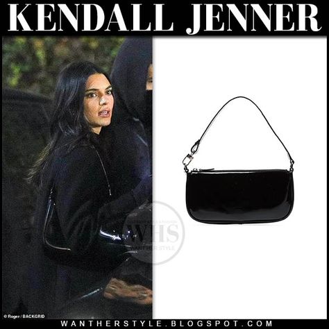 Kendall Jenner in black coat with black patent shoulder bag by far rachel Kendall Jenner Bags, Kendall Bag, Kendall Jenner In Black, Mini Bag Outfit, Kpop Closet, Beige Pumps, La Outfits, Steal Her Style, Kate Bosworth