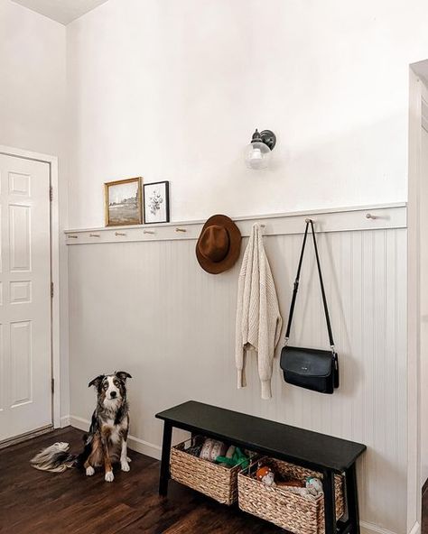 Accessible Beige Mudroom, Beadboard Front Entry, Beadboard Coat Rack Wall Diy, Black Beadboard Entryway, Wayne Scotting Walls Entryway, Entryway Ideas Beadboard, Beige Wainscoting White Walls, Mid Wall Trim, Beadboard Entryway Hooks