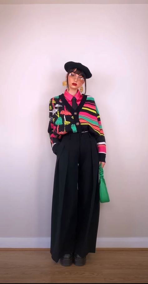 Art Show Outfit Chic, Funky Pant Suits For Women, Extraordinary Outfits Womens Fashion, Colorful Outfit Photoshoot, Future Funk Fashion, Drama Teacher Aesthetic Outfits, Weird Street Style, Maximalist Chic Outfit, Weird Street Fashion