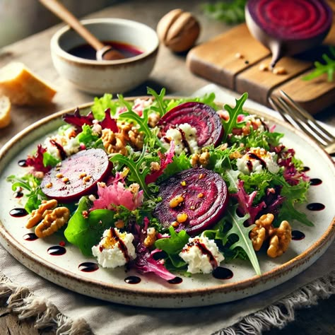 Beetroot Salad with Goat Cheese and Walnuts Mushroom Dressing, Roasted Beetroot, Salad With Goat Cheese, Butternut Squash Cubes, Plantbased Recipes, Mushroom Salad, Beetroot Salad, Autumn Salad, Walnut Salad