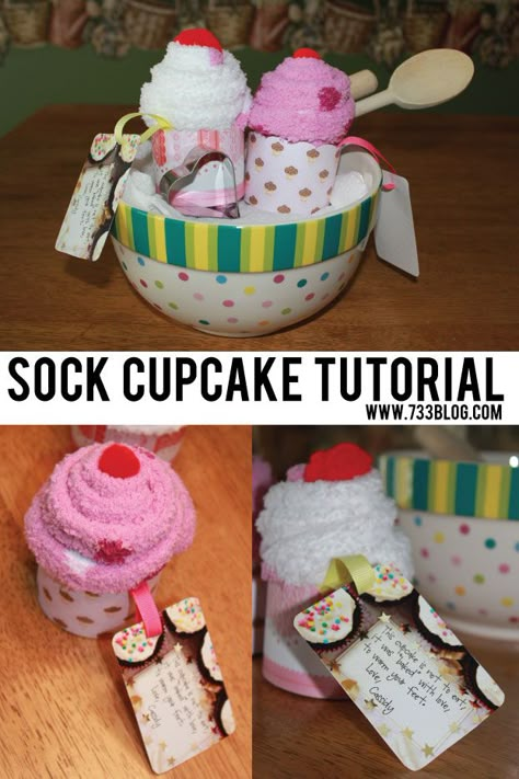 Fun and Easy Teacher Gift Idea: DIY Fuzzy Sock Cupcakes Cupcake Inspiration, Easy Teacher Gifts, Sock Cupcakes, Secret Sister Gifts, Cupcake Tutorial, Secret Sisters, Diy Teacher Gifts, Appreciation Gifts, Diy Christmas Gifts