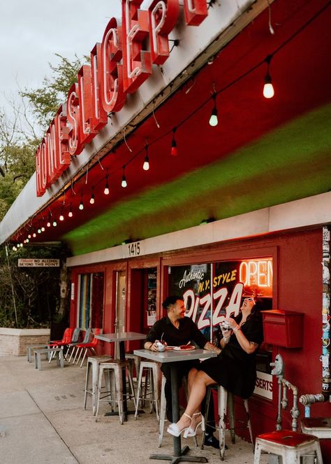 Retro Pizzeria, Couple Poses Engagement, Retro Engagement Photos, Couple Story, All Black Outfits, Night Engagement, Austin Style, Announcement Photos, Outfits Wedding