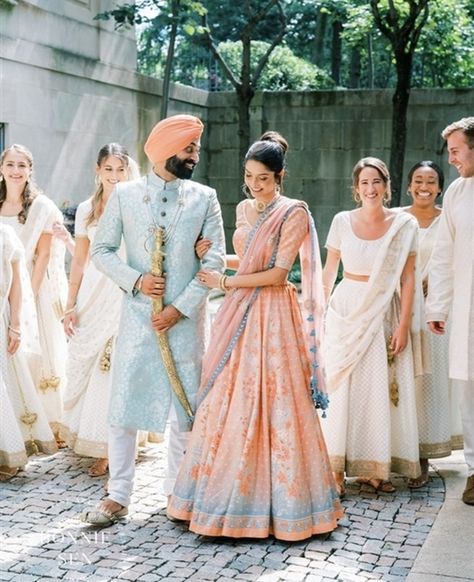 Blue Wedding Decor Indian, Hindu Wedding Color Schemes, Desi Wedding Color Schemes, Hindu Bridesmaids Outfits, Indian Wedding Colour Palette, Peach Lehenga Color Combos, Indian Wedding Color Palette, Gowns Indian Wedding, Indian Wedding Color Schemes