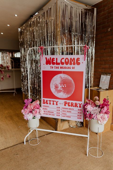 70s Disco Wedding Bubear Photography Welcome Sign Frame Flowers #wedding #weddingsing Design Wedding Decoration, 70s Wedding Welcome Sign, 70s Wedding Aesthetic Disco, Disco Ball Welcome Sign, Disco Wedding Sign, 50s Wedding Decor, Disco Flower Wedding, Bohemian Engagement Party, Mod Disco Wedding