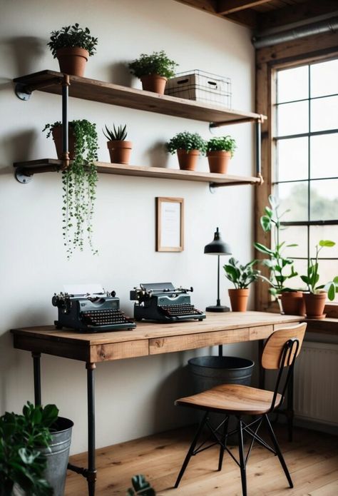 37 Farmhouse Office Ideas Funky Home Office, Farmhouse Office Ideas, Office And Studio, Industrial Home Offices, Wood Desks, Chic Desk, Wrought Iron Candle Holders, Iron Candle Holders, Art Studio Design