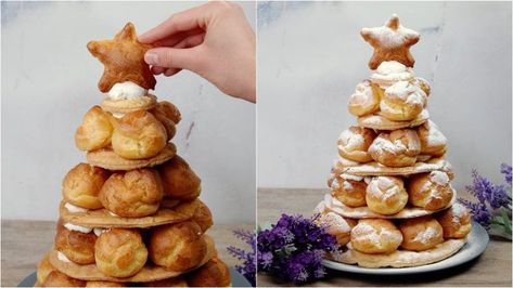 Cream puffs tree: the perfect dessert for Christmas! Cream Puff Christmas Tree, Cream Puffs Christmas, Profiterole Christmas Wreath, Choux Pastry Christmas Wreath, Profiteroles Christmas Tree, Cream Puff Tree, Christmas Cream Puffs, Christmas Tree Pastry Nutella, Tree Dessert