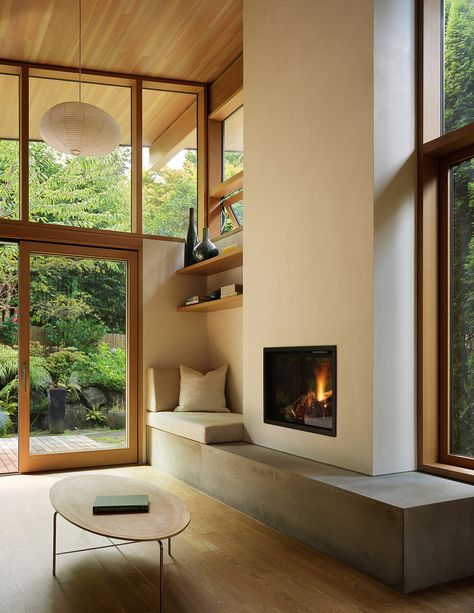 In-Kind House: Seattle’s Fusion of Japanese Style and Comfort Minimal Fireplace, Cozy Modern Home, Japanese Style Interior, Clerestory Windows, Natural Interior, Patio Interior, Japanese Interior, Wood Beams, House Built