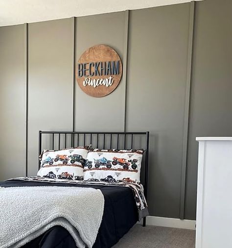 Accent Wall Boys Bedroom, Boy Room Accent Wall, Monster Truck Bedroom, Truck Bedroom, Grey Accent Wall, Room Accent Wall, Big Boy Bedrooms, Toddler Boys Room, Boy’s Room