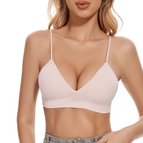 PRICES MAY VARY. Wirefree Bra；Seamless Bralette is the perfect wireless womens bra, offering total comfort so you can go from morning ’til night without noticing you’re wearing a bra All Day Comfort；Seamless bra is made of buttery soft stretch fabric. But only provide a low level of support. Ideal for lightweight and weightless daily wear and sleep wear.Wear as a sports bra, maternity bra or an invisible bra under your favorite top. Spaghetti Straps Bra for Women；Elastic spaghetti straps for a variety of outfits. No buckles or adjustable fasteners for a comfortable wearing experience. Triangle Bralette；Sexy triangle bralette cups with removable soft padding, low cut plunge v-neck; pull on closure without hook&eyes, wire free. Size Guide；S fit for 32A,32B, 34AA, 34A; M fit for 32C,34A,34B,