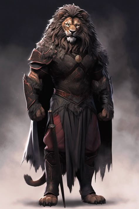 Lion Human Hybrid Character Design, Traveller Rpg Aslan, Leonin Dnd Barbarian, Animal Folk Dnd, Leonin Paladin 5e, Lion Dnd Character, Dnd Leonin Character Art, Lion Character Design Human, Leonin D&d