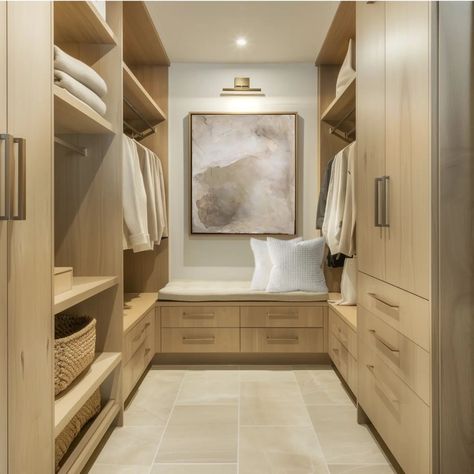 Step into luxury every morning with a new walk-in closet! ✨ This one features an elegant blend of open shelves and sleek closed doors & drawers. White oak cabinets, cream finishes, and gold accents add a touch of glamour, while the custom bench makes getting ready a breeze. . Design. @cielo.and.oak #ClosetGoals #closet #render #aiinteriordesign #interiordesign #interiorforinspo #interiordecor #LuxuryLiving #HomeDecor #luxurylifestyle #homegoals #yyj #yyjbusiness #yyjdesigner White Oak Walk In Closet, Oak Walk In Closet, White Oak Closet, Diy Master Closet, White Oak Cabinets, Primary Closet, Custom Bench, Modern Rustic Homes, Custom Benches