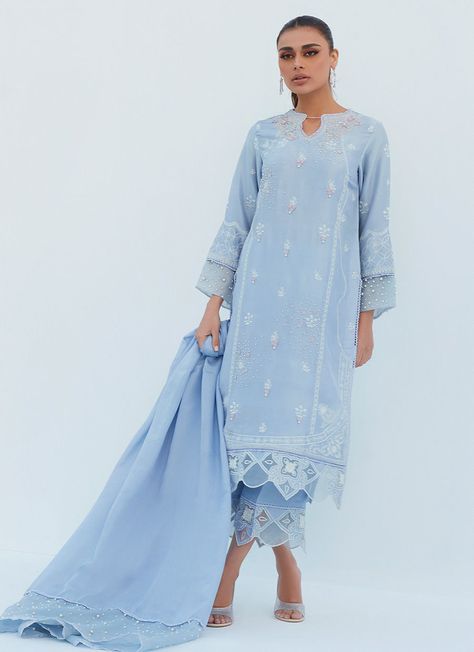 Farah Talib Aziz, Light Periwinkle, Romantic Florals, Suits Design, Minimal Earrings, Embroidery Suits Design, Keyhole Neckline, Ivory Silk, Net Dupatta