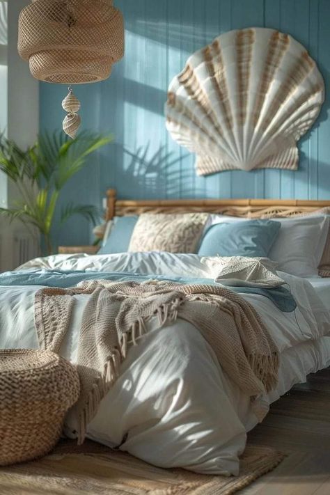 Chic Coastal Decor, Island Bungalow, Surfer Girl Bedroom, Themed Bedroom Ideas, Boho Coastal Bedroom, Sofa Boho, Coastal Bedroom Ideas, Headboard Inspiration, Tropical Furniture