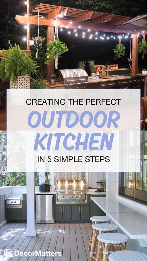 Relaxing outdoors is a great way to spend some much-needed downtime, especially during the summer. This makes the idea of having an outdoor kitchen area sound all the better! We put together 5 simple steps to create the perfect outdoor kitchen!   Keywords: Outdoor kitchen, outdoor patio decoration, backyard patio ideas, new blog, interior design, 2020 dream home Decks With Outdoor Kitchens, Deck With Kitchen Ideas, Pergola For Outdoor Kitchen, Covered Porch With Outdoor Kitchen, Covered Outside Kitchen, Luxury Yard Design, Garden Kitchen Outdoor Uk, Outdoor Dining Area Pergola Patio Ideas, Outdoor Kitchen And Patio Ideas