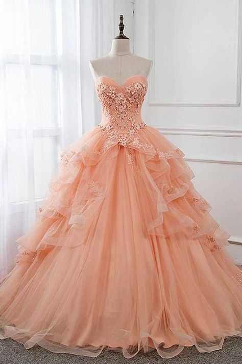 Aesthetic Orange Dress, Beautiful Prom Dresses Gorgeous Gowns, Orange Gown Dress, Wedding Dresses Orange, Orange Wedding Dress, Prom Dress Orange, Flamenco Wedding, Orange Prom Dress, Orange Gown