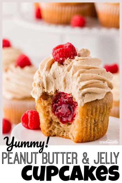 Are you looking for a yummy and unique homemace cupcake recipe? You've got to try our peanut butte and jelly cupcakes! These PB and Jelly cupcakes will give you a delicious, grown-up version of your childhood favorite. These PB & J Cupcakes are a kid and adult favorite! Peanut Butter Jelly Cupcakes, Pb Jelly Cookies, Peanut Butter And Jelly Party, Pb Cupcakes, Pb&j Cupcakes, Peanut Butter And Jelly Cupcakes, Jelly Cupcakes, Peanut Butter Jelly Recipes, Homemade Cupcake Recipes