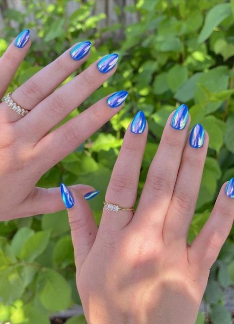 16 Fourth of July Nail Ideas | The Everygirl Chrome Nails Blue Purple, Two Tone Chrome Nails, Fourth Of July Nail Ideas, Chrome Almond, Blue Chrome Nails, Star Nail Designs, Galaxy Nail Art, Aqua Nails, Nail Designs Ideas